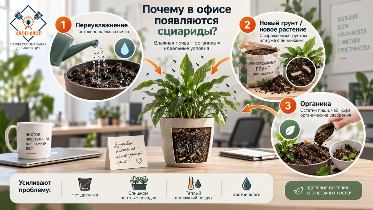 Причины появления цветочной мошки в офисе: переувлажнение, покупной грунт и органические удобрения